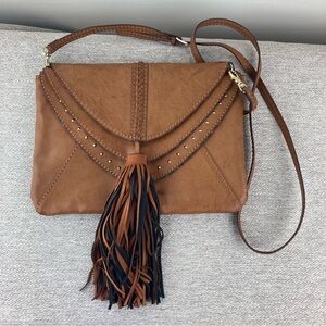 Steven tan multi flap tassel boho crossbody bag